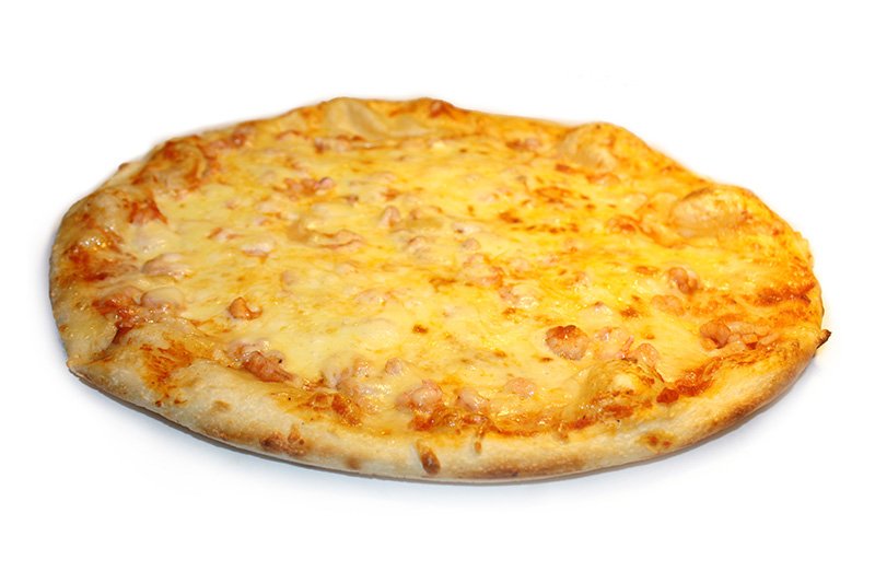 Пицца с нежным  мясом креветок, томатным соусом и сыром Моццарелла.