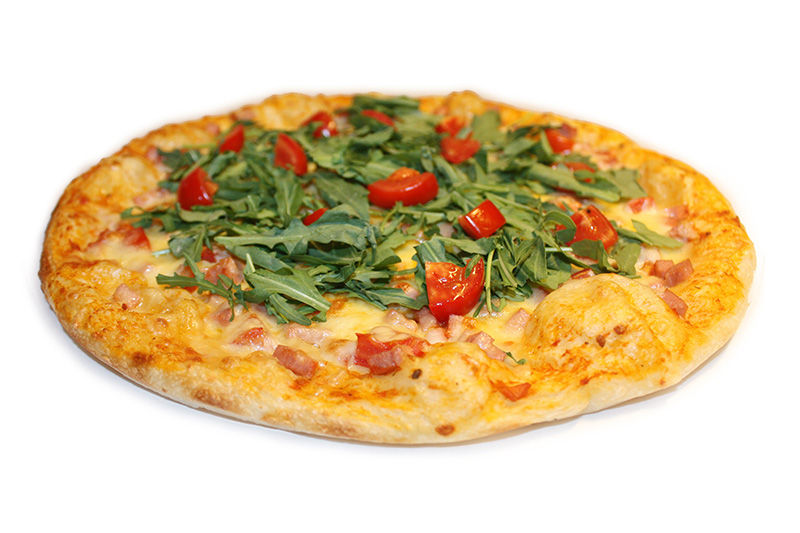 Пицца твоей мечты с вареной колбасой, свежими помидорами, листом салата, неаполитанским соусом и сыром Моцарелла.